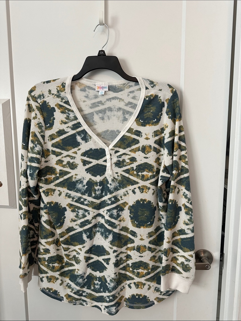 LuLaRoe Long Sleeve Henley in Olive, Cream, Teal Abstract Print